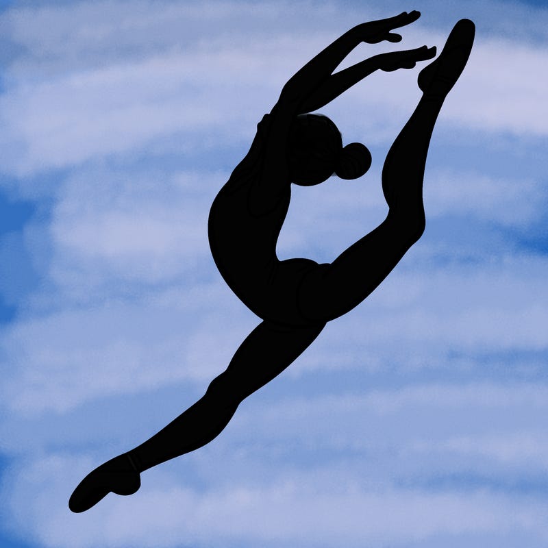 gymnast doing a leap in a leotard with a bent back leg