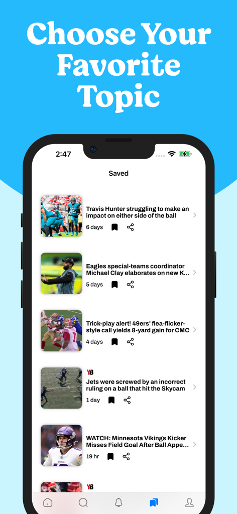 Football Nation News & Scores - Football Nation News and Scores app showing a curated list of saved NFL articles.