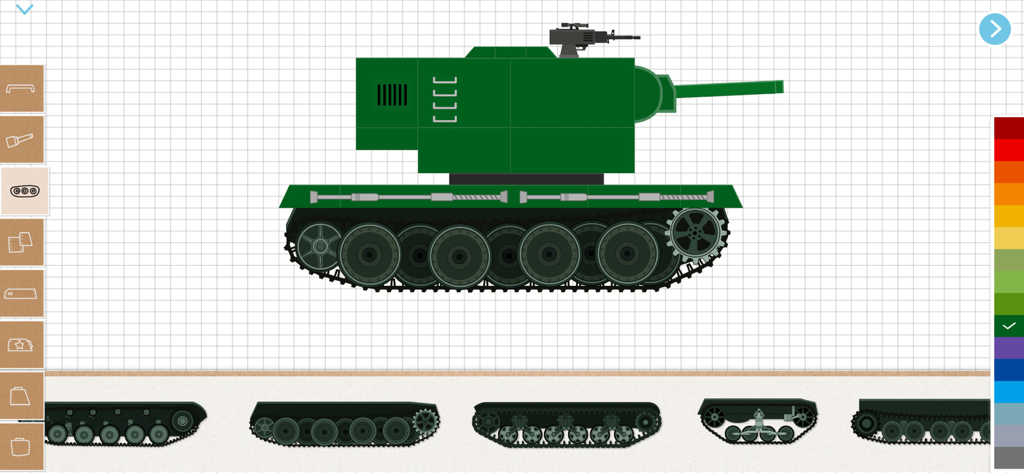 Una interfaz de construcción de tanques digitales donde se está personalizando un tanque verde con diferentes opciones de orugas.