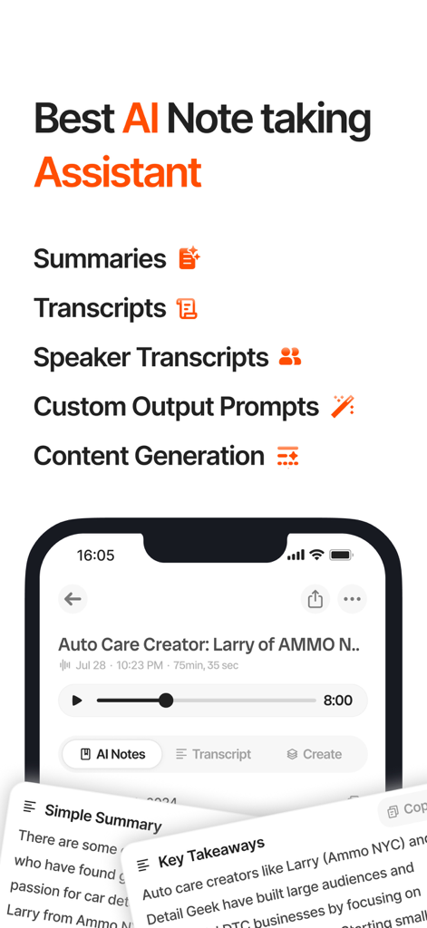 Audionotes: Audio Notes AI - Interface do aplicativo móvel Audionotes exibindo recursos de anotação com IA, incluindo resumos e transcrições.