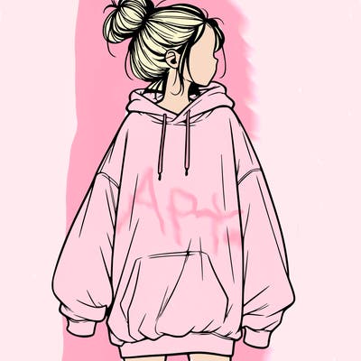realistic girl with a oversized sweatshirt on and a bun