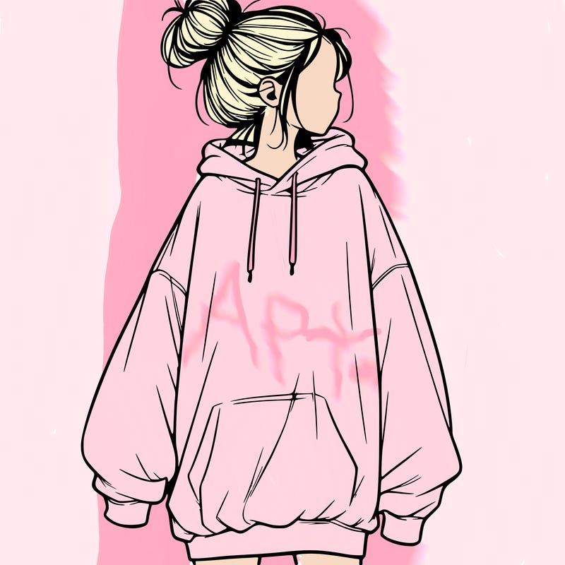realistic girl with a oversized sweatshirt on and a bun