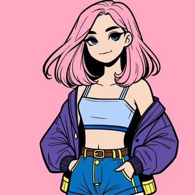 a realistic girl with a crop top and short shorts in an open jacket