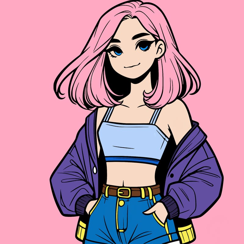 a realistic girl with a crop top and short shorts in an open jacket