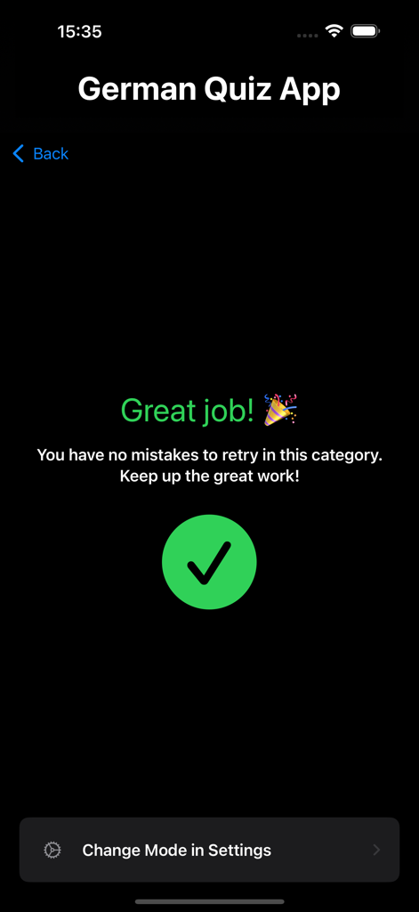 German A1 Quiz App - ドイツ語A1クイズアプリの成功画面に緑色のチェックマークと、再挑戦する間違いがないことを示すメッセージが表示されています。