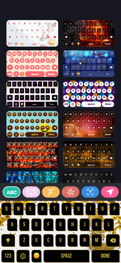 A grid of various colorful and aesthetic keyboard themes for mobile devices
