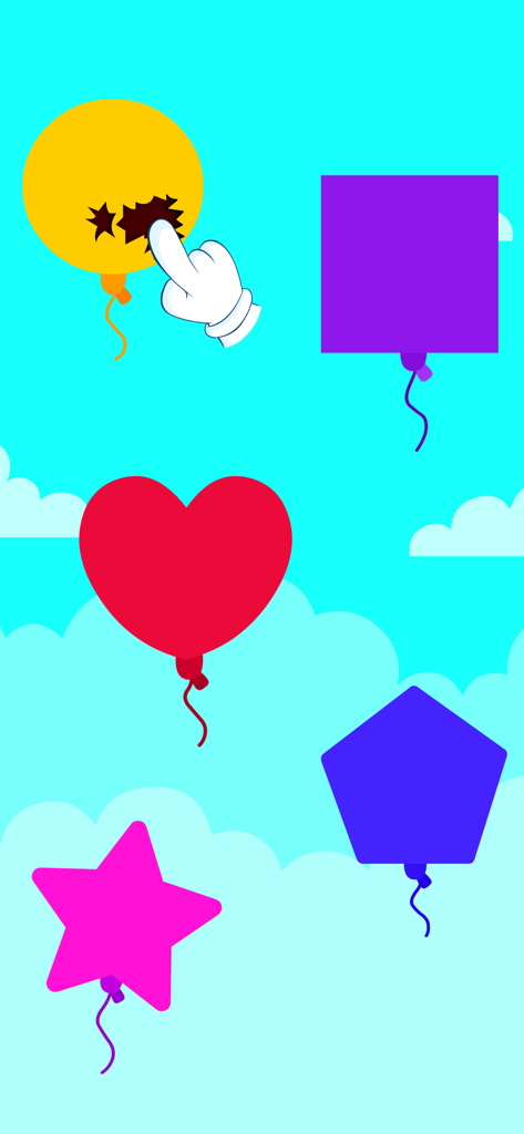 Gioco per bambini di scoppiare palloncini con forme colorate in un cielo blu