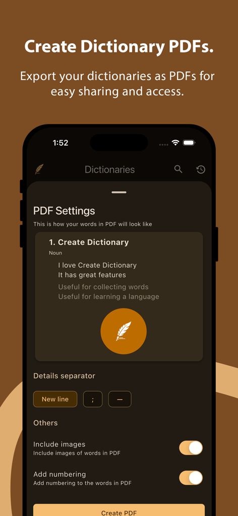 Una interfaz móvil que muestra la configuración de exportación a PDF y la vista previa de entradas de palabras para una app de diccionario personalizada