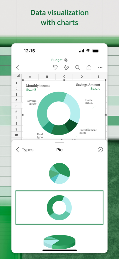 Microsoft Excel app interface showing a donut pie chart for personal budget visualization on a mobile screen