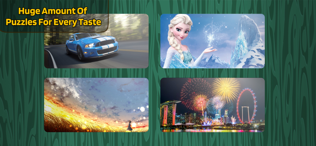 Jigsaw Puzzle : Logic Games - A selection of various jigsaw puzzle themes including a sports car a princess a sunset landscape and city fireworks