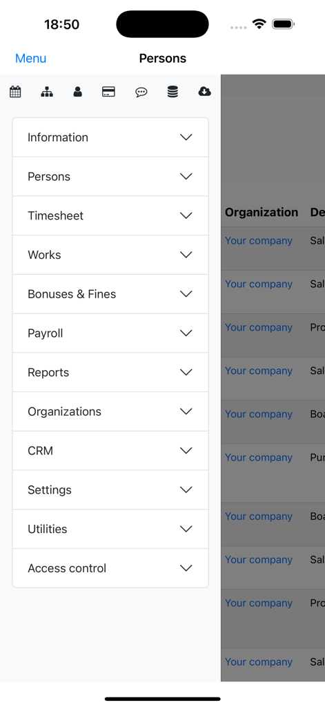 Nano Employee Timesheet - Side navigation menu of the Nano Employee Timesheet app showing management options like Payroll Timesheet and Access Control