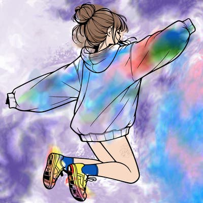realistic girl jumping with a bun and oversized sweatshirt