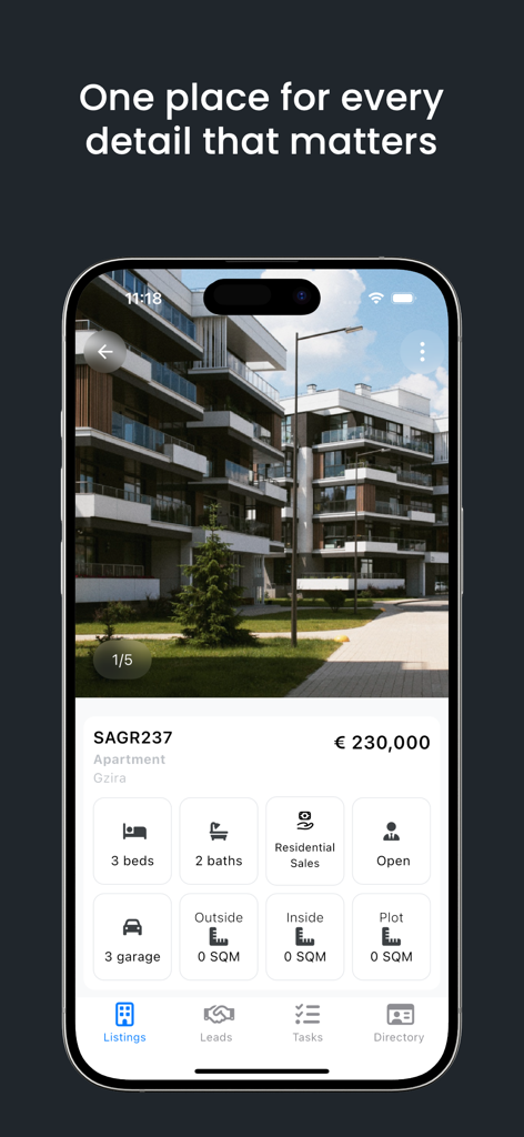 REAP CRM mobile app displaying real estate listing details including price and property features
