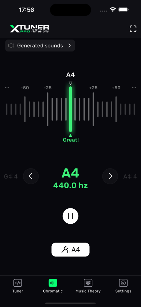 XTuner PRO - Interface of the XTuner PRO app showing a perfectly tuned A4 note at 440 Hz in chromatic mode.