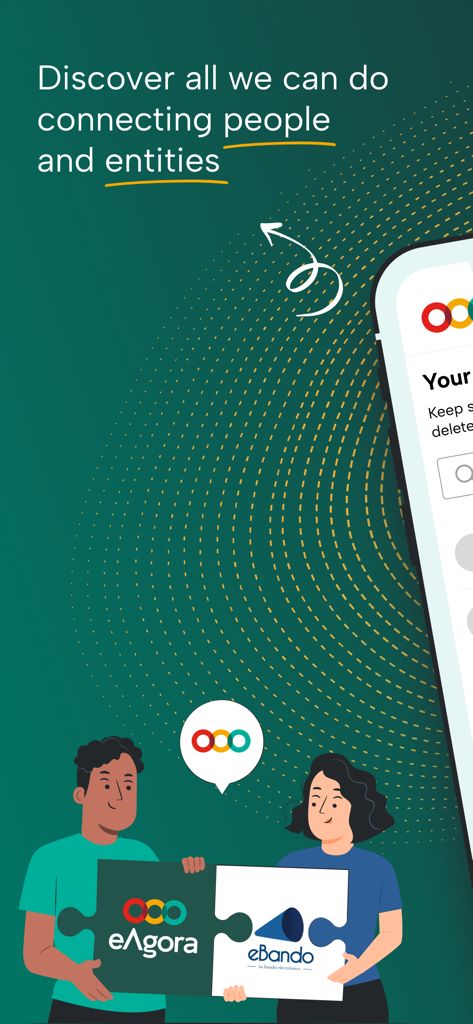 eAgora - Two people joining puzzle pieces to represent community connection between people and local entities