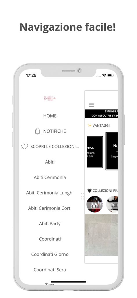 Boutique London Shop Online - Menu de navegação lateral do aplicativo Boutique London Shop Online mostrando categorias de vestidos e trajes formais