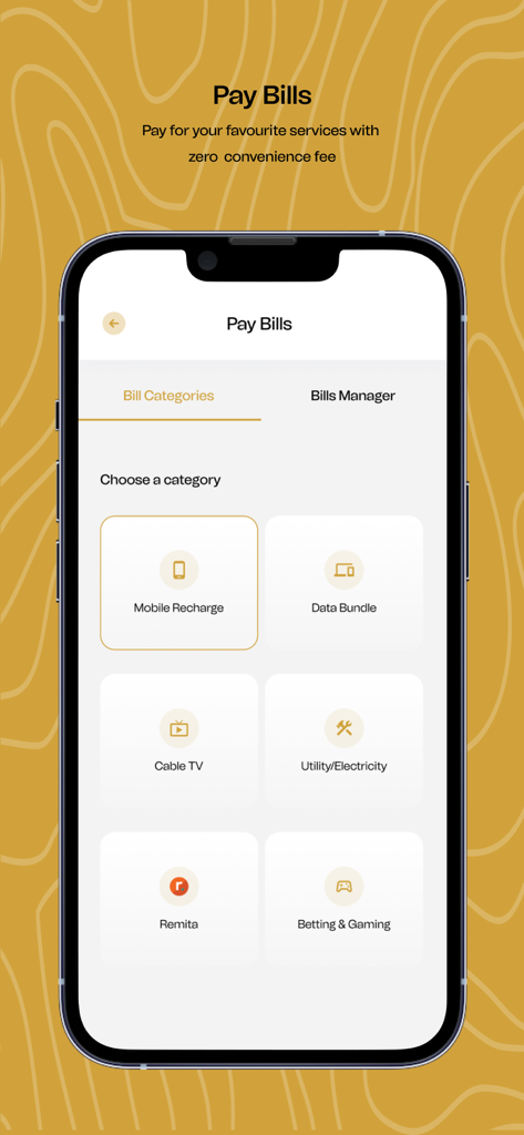 Mintyn mobile app interface showing bill payment categories including mobile recharge and utility payments