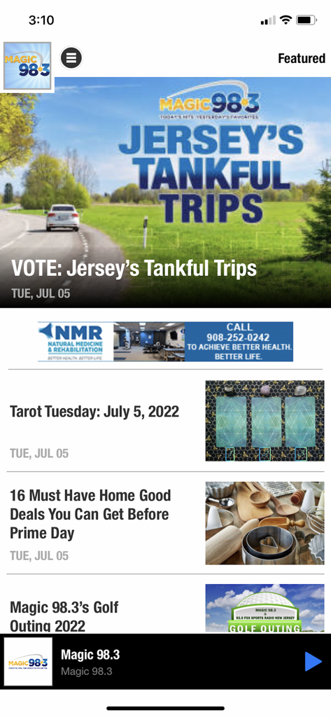 Magic 98.3 App - Magic 98.3 app featured screen with local Jersey news and music player