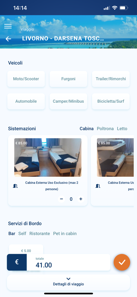 Grimaldi Lines app screen showing vehicle and cabin selection options for a ferry booking.