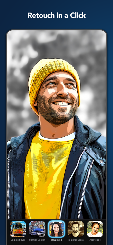 A man's portrait being transformed into a high-quality cartoon style using the Clip2Comic app's retouch feature.