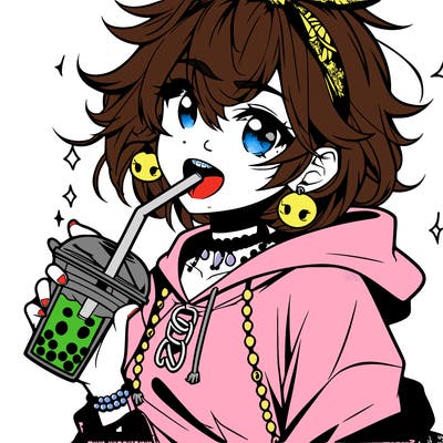 hot baddie anime girl drinking boba and biting the straw
