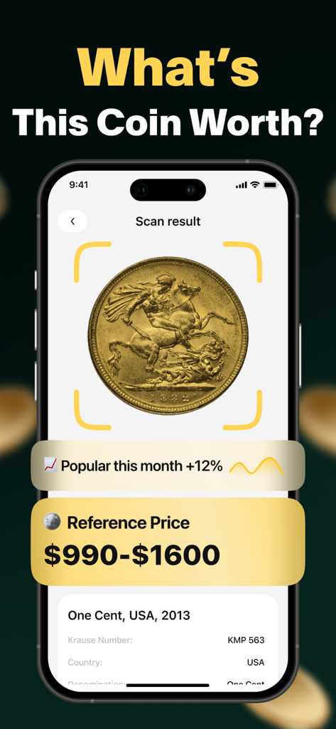 Coin ID Scan: Value Identifier - Smartphone screen of Coin ID Scan app showing a gold coin scan result with a reference price of 990 to 1600 dollars