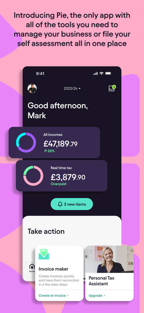 Pie Tax app dashboard displaying total income and real time tax status for self assessment
