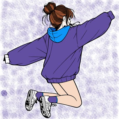 realistic girl jumping with a bun and oversized sweatshirt