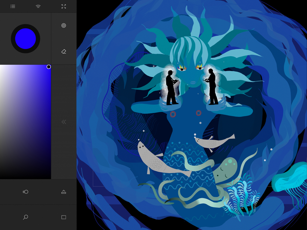 Una ilustración digital de una sirena azul y vida marina dentro de la interfaz de Tagtool SE.