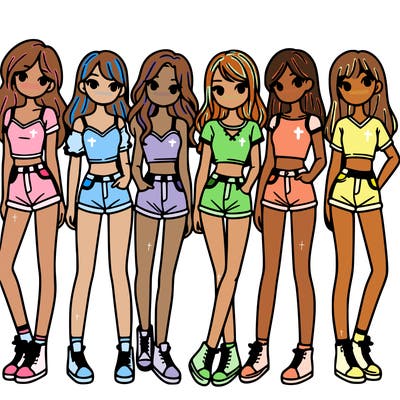 a group of girls wearing crop tops and shorts