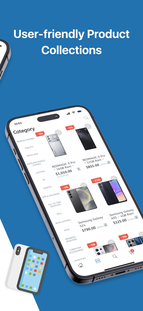 souq 961 - A smartphone displaying the mobile phone category and electronic products in the souq 961 shopping app.
