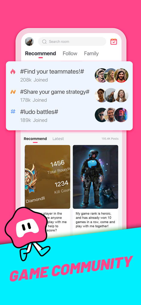 Gamingo - Gamingo app screen showing the game community with teammate matching and social posts