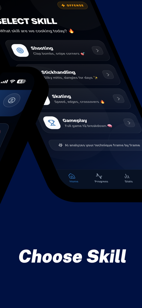 Hockey AI-Analyzer - Mobile app interface of Hockey AI-Analyzer showing skill options for shooting stickhandling and skating analysis