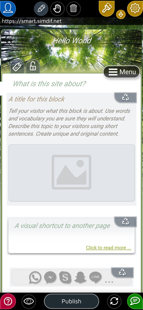 SimDif mobile Website-Editor-Oberfläche mit anpassbaren Inhaltsblöcken und einer Veröffentlichen-Schaltfläche