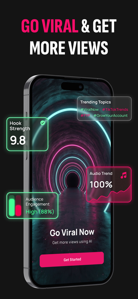 Go Viral - AI Video Tips - Smartphone showing Go Viral app interface with AI metrics for hook strength trending topics and audience engagement