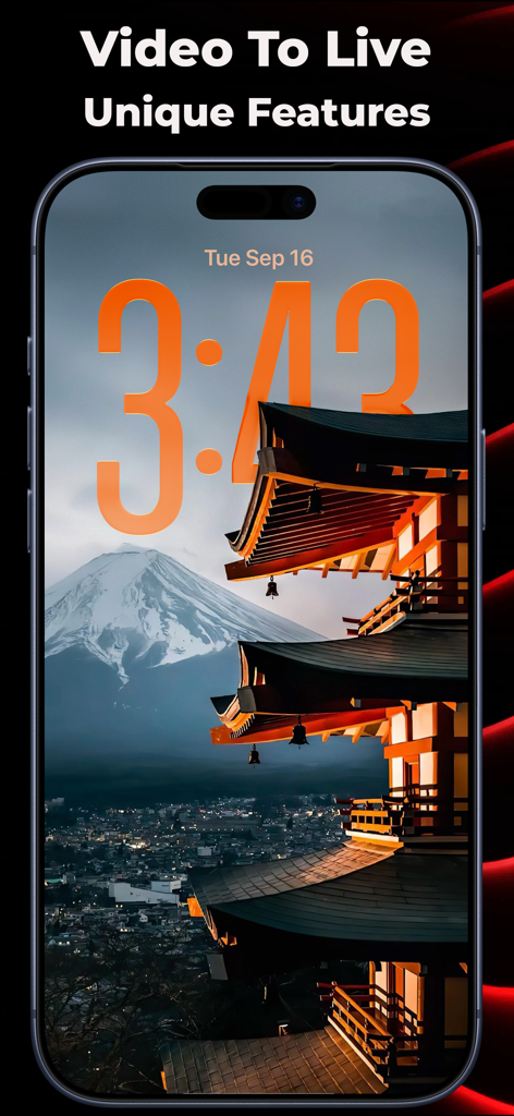 iPhone lock screen showcasing the depth effect feature with a Japanese pagoda and Mount Fuji wallpaper