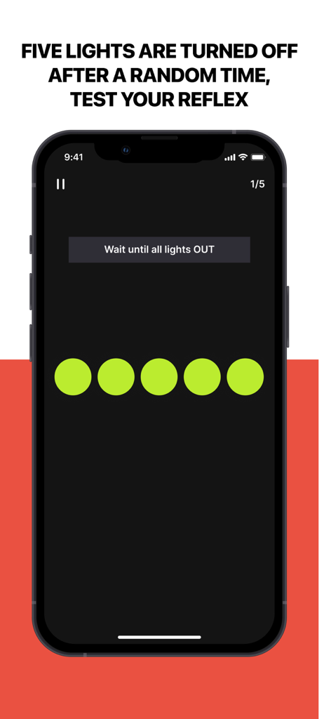 Reaction Time & Reflex Test - Interface de aplicativo móvel mostrando cinco luzes verdes para um teste de reflexo de tempo de reação