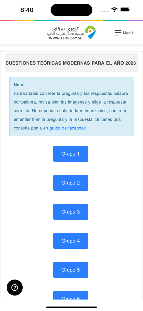 Interfaccia dell'app di teoria di guida svedese in spagnolo che mostra gruppi di domande d'esame