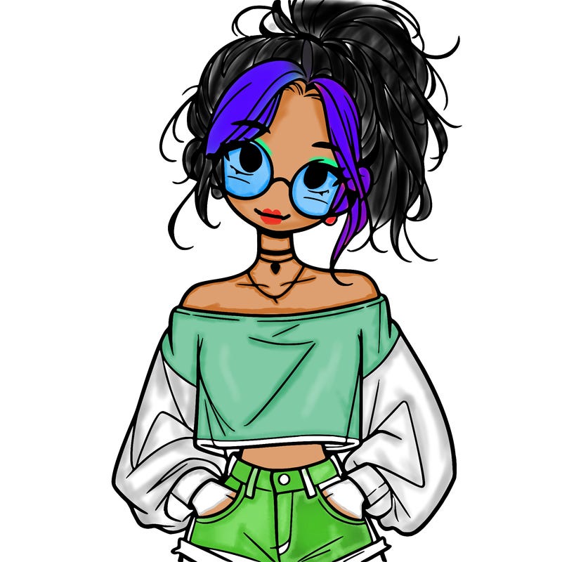 girl with a messy ponytail glasses a baggy crop top and jean shorts