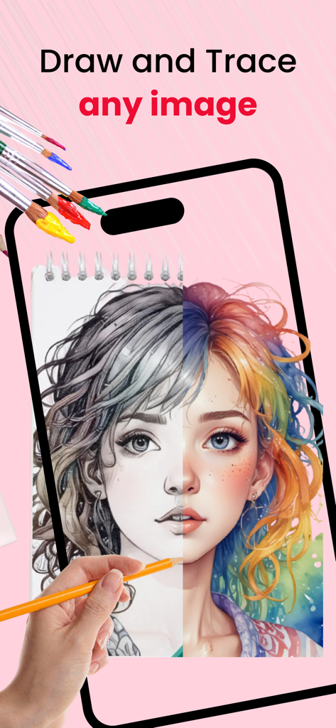 AR Drawing Sketch Paint: Trace - 分割表示された女性のポートレートと「Draw and Trace any image」というテキストが表示されたスマートフォン画面。