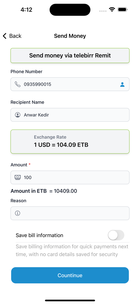 telebirr Remit - Telebirr Remit mobile app screen showing a money transfer form with exchange rate from USD to ETB