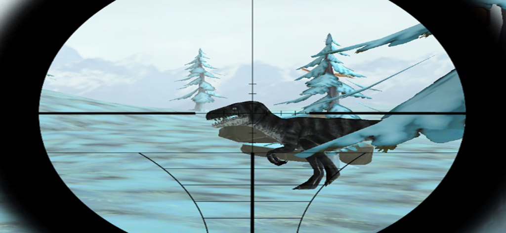Sniper scope view of a dinosaur in a snowy landscape