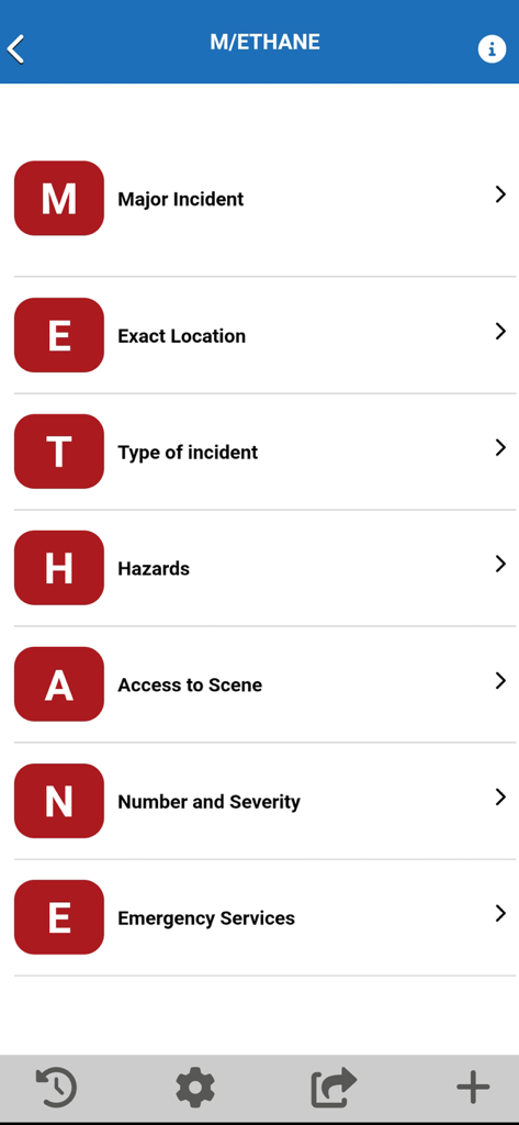 JESIP - The METHANE incident reporting checklist on the JESIP mobile application interface.