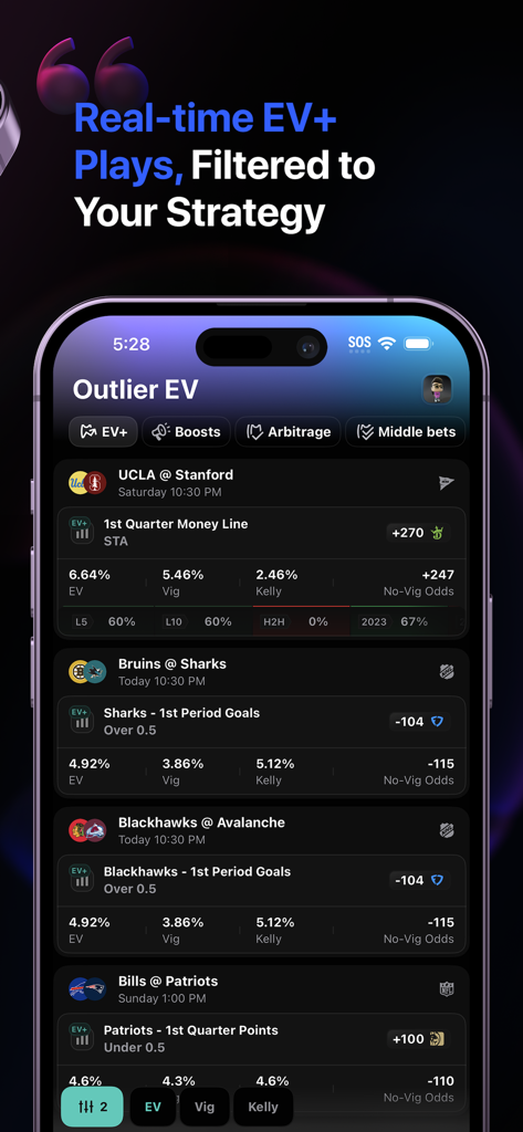 Outlier app interface showing real-time positive expected value sports betting plays and data analytics