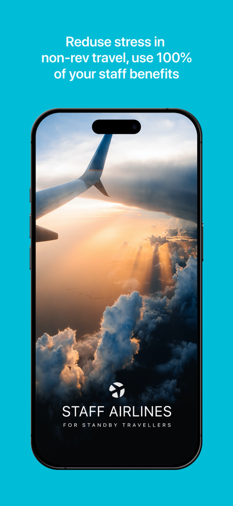 Staff Airlines App Startbildschirm mit einem Flugzeugflügel über Wolken bei Sonnenuntergang und Text für Standby-Reisende