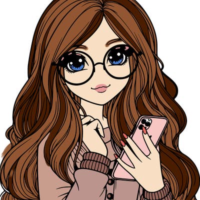girl with long hair glasses with a phone in her hand realistic