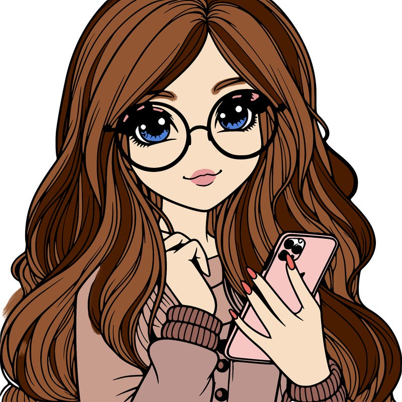 girl with long hair glasses with a phone in her hand realistic