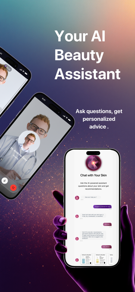 Smart Beauty app interface showing an AI beauty assistant for personalized skincare recommendations and expert chat advice