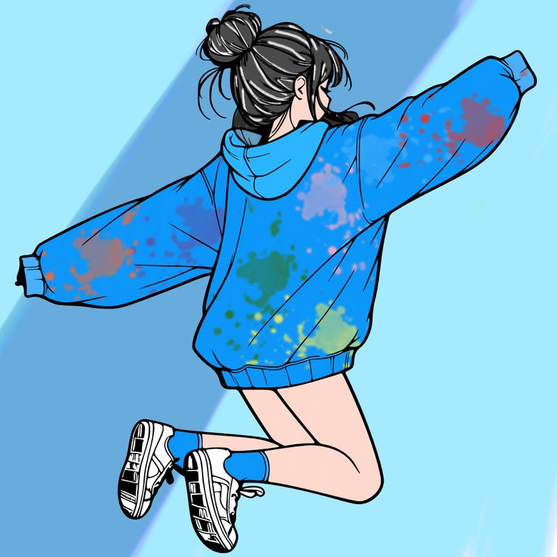 realistic girl jumping with a bun and oversized sweatshirt