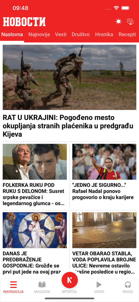 Večernje Novosti - Écran d'accueil de l'application mobile d'actualités Vecernje Novosti affichant divers titres et articles serbes.